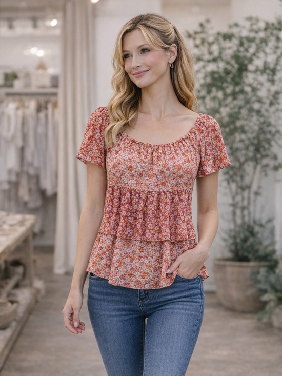 C Est. 1946 Tops - 🌸 Boho Floral Peasant Top Blouse Women’s L Red Tiered Festival Summer Bohemian
